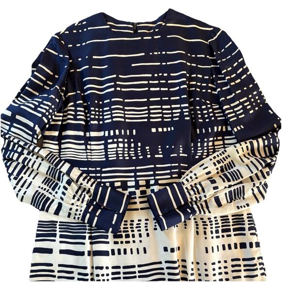 Vintage 80s Elizabeth Arden Navy Blue & White Silk Long Sleeve Midi Dress Sz 12 - Picture 6 of 16